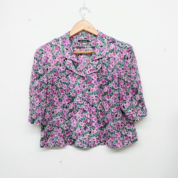 Vintage 80s Does 40s Floral Button Front Top Blouse with Collar - Picture 2 of 7